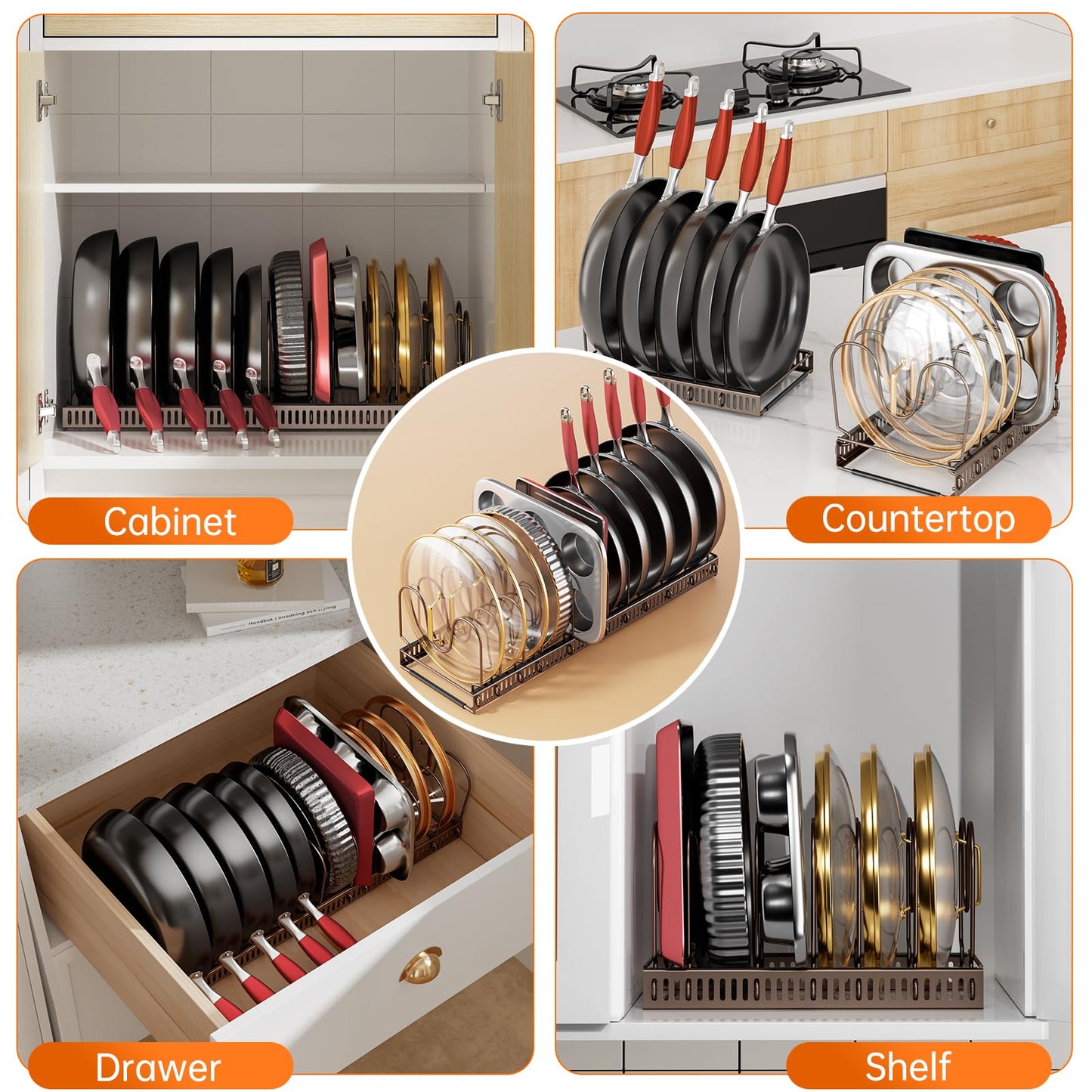 MUDEELA Pots and Pans Organizer Rack for under Cabinet, Expandable 11.81''-22.85'' Pot Lid Kitchen Cabinet Organizer Holder with 10 Adjustable Compartment Cutting Board Organizer for Pan Lid, Bakeware
