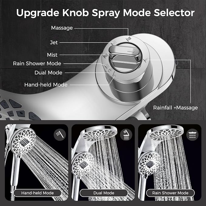 High Pressure Rain Shower Head with Handheld Spray Combo: Detachable Dual Shower Head with 10 Sprays Modes - Upgrade Knob Spray Mode Selector and Magnetic Guidance Docking System