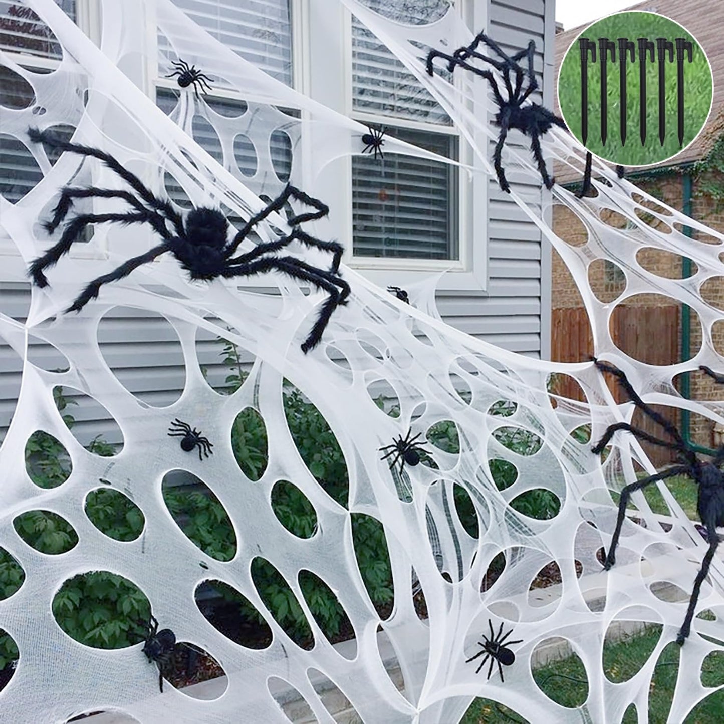 CESOF Giant Spider Web Halloween Decorations Outdoor, Pre-Cut Beef Netting Spiderwebs Super Stretchy DIY Spider Webbing with Stakes, Gauze Cobwebs for Haunted House Yard Garden Home Indoor Party Decor