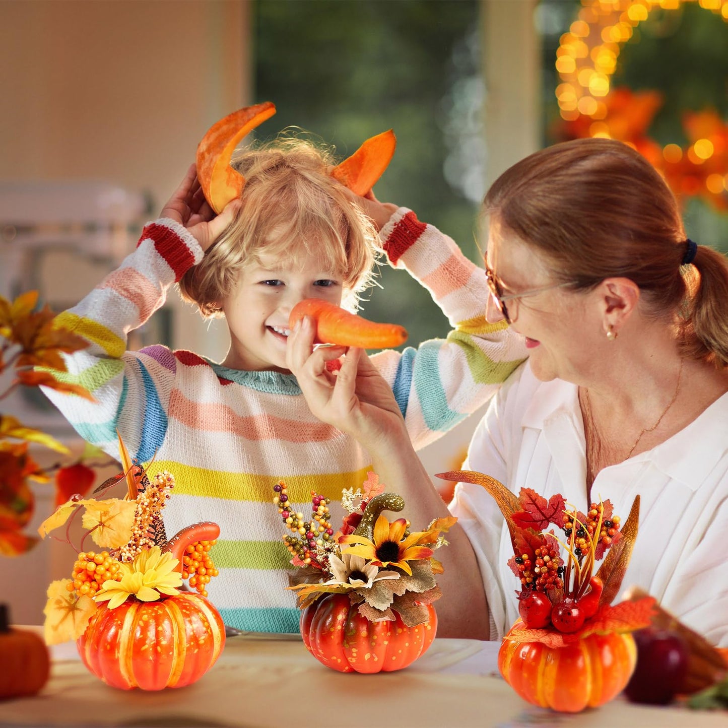 Leinuosen 12 Pcs Fake Pumpkin Centerpiece for Table 6 Inch Pumpkins with Maple Sunflower Berry Decorative Pumpkins Artificial Foam Pumpkin for Fall Harvest Halloween Thanksgiving Table Decoration