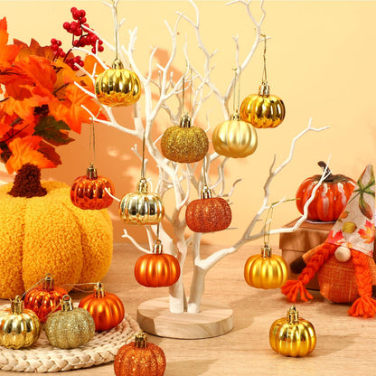 JULMELON 36 Pcs Fall Tree Ornaments, Mini Glitter Pumpkin Hanging Decor