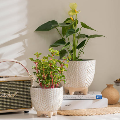 LA JOLIE MUSE Ceramic Footed Flower Plant Pots - 6.7 + 5.1 Inch Boho Decor Indoor Planters with Drainage, Home Decor Gift, Beige
