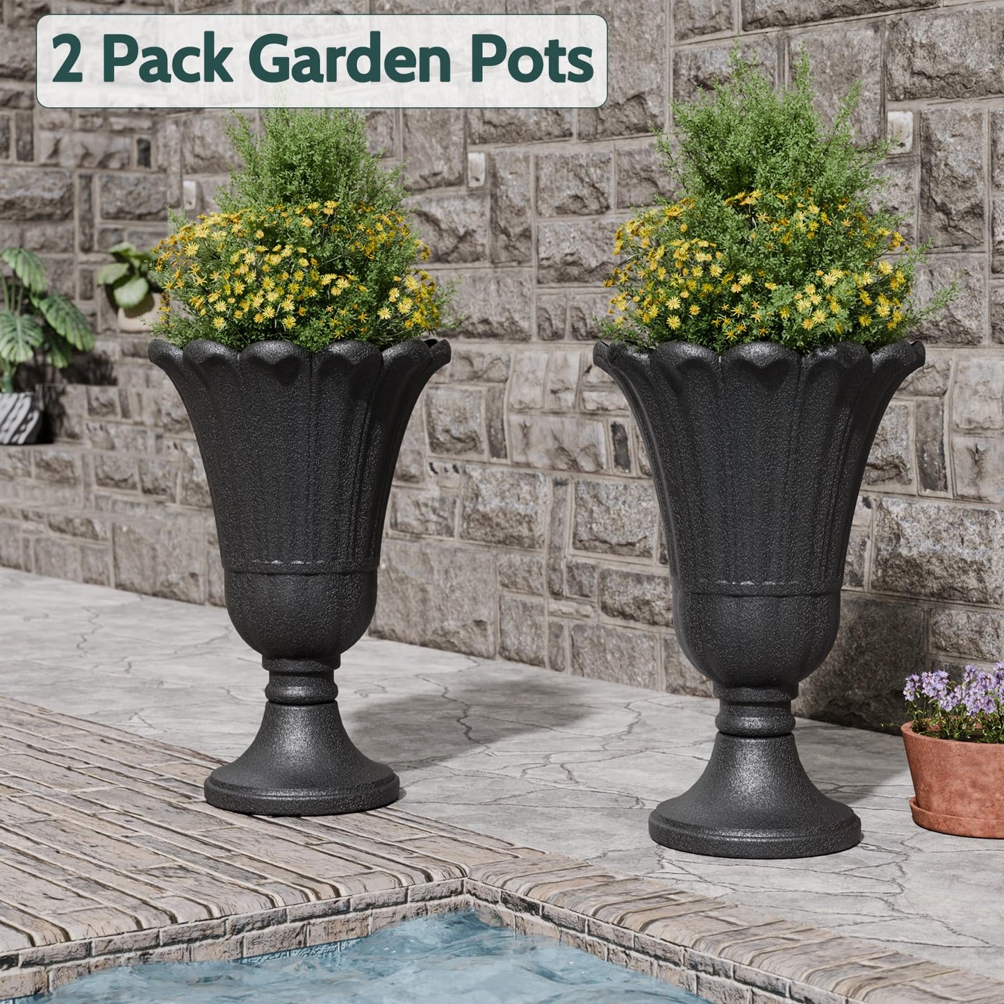 Trygoal 23.6" Tall Plastic Urn Planters for Outdoor Plants, Set of 2 Heavy-Duty Classic Indoor Large Flower Pots with Drainage Holes & Petal Design, Outdoor Planters for Porch, Home Garden, Black