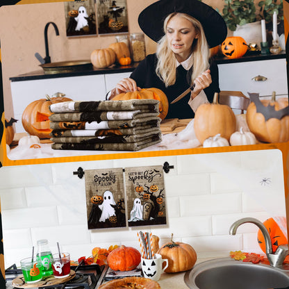 Ganeen 6 Pcs Halloween Kitchen Towels Dwarfs Cobwebs Witches Castles Dish Towels Fiber Fingertip Hand Towel Decorative Tea washtowels 14.2 x 21.3 Inch for Decorative Bathroom Holiday (Goth)