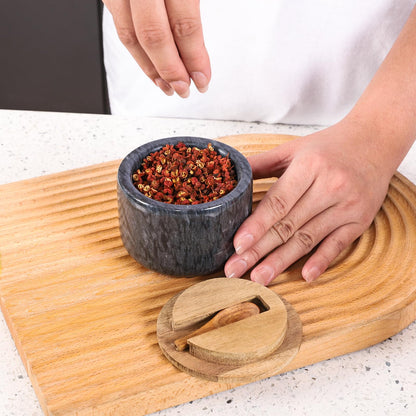 RAETTER.LY Salt and Pepper Bowl, Marble Salt Cellar and Spices Storage Container With Built-in Spoon and Acacia Wood Lid - 6.5oz Capacity (Black)