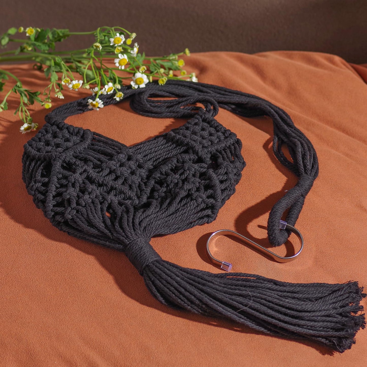 XINBOR Hanging Planter with Patterns,2Packs Macrame Plant Hangers Indoor Macrame for up to 8 inch Pot Crochet Boho Plant Hanger Holder for Indoor Outdoor with 2S Shaped Stainless Steel Hooks (Black)