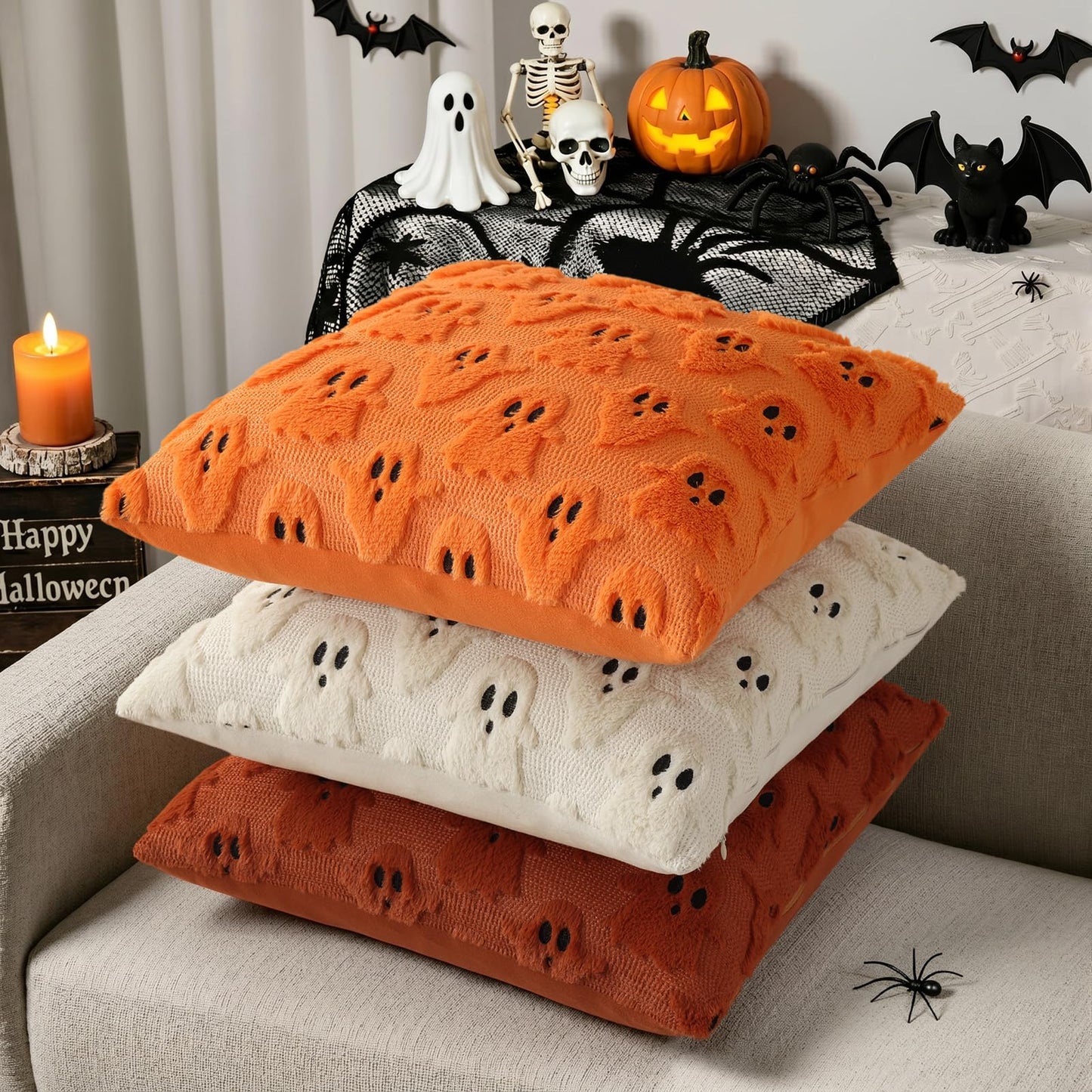 decorUhome Fall Halloween Ghost Pillow Covers 18x18 Inch Pack of 2 Soft Plush Faux Wool Textured Throw Pillow Covers Cute 3D Ghost Decorative Cushion Cases for Couch Sofa Bedroom Home Decor, Orange