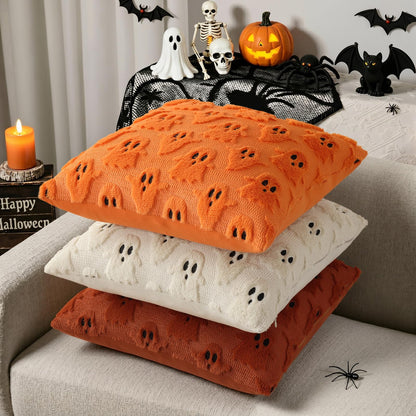 decorUhome Fall Halloween Ghost Pillow Covers 18x18 Inch Pack of 2 Soft Plush Faux Wool Textured Throw Pillow Covers Cute 3D Ghost Decorative Cushion Cases for Couch Sofa Bedroom Home Decor, Orange
