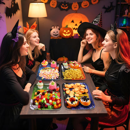 Vesici 4 Pcs 13 x 10 Inch Halloween Serving Trays Set Witch Haunted House Ghost Boo Melamine Platter Reusable Halloween Party Decorations for Trick or Treat Party Serving Food Snacks Cookies Dessert