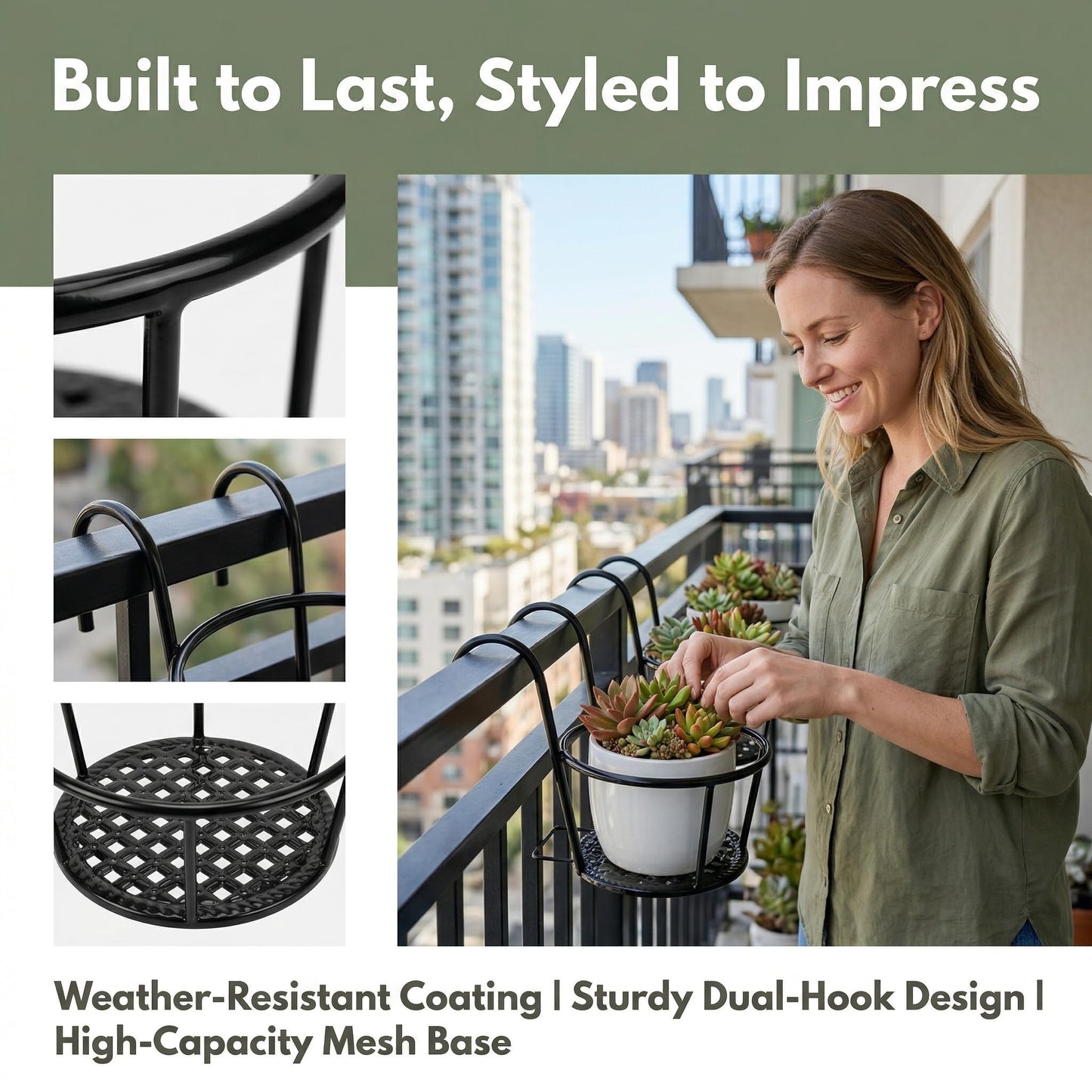 Nancyzhenpin Metal Hanging Railing Planter, Flower Pot Holder for Balcony Fence, Adjustable Steel Plant Stand, Indoor Outdoor Garden Mounted Shelf (6, Brown)