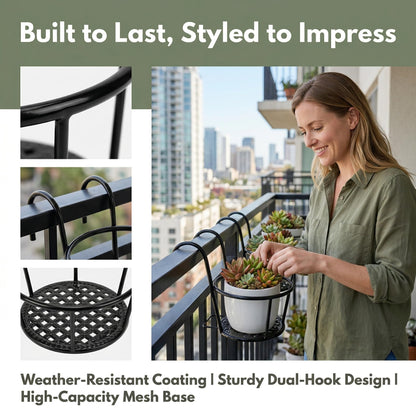 Nancyzhenpin Metal Hanging Railing Planter, Flower Pot Holder for Balcony Fence, Adjustable Steel Plant Stand, Indoor Outdoor Garden Mounted Shelf (6, Brown)