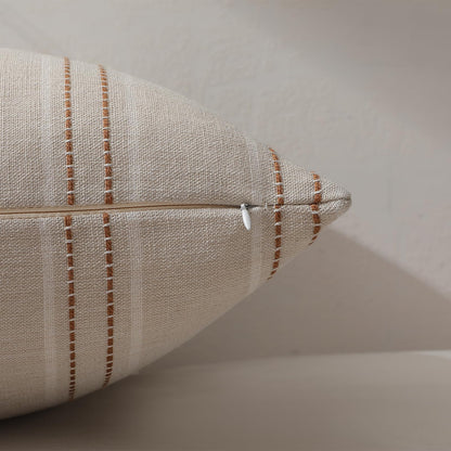 Hckot Fall Throw Pillow Covers 18x18 Set of 2 Striped Pillow Covers Textured Linen Decorative Pillows Square Cushion Covers for Sofa Couch Bed Living Room Farmhouse Decor(Caramel)