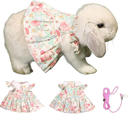 SMOLKITH Rabbit Clothes - Bunny Adjustable Rose Dress with Leash, Small Animal Apparel for Walking - Fits Meerkats, Chinchillas, Guinea Pigs, Prairie Dogs and More