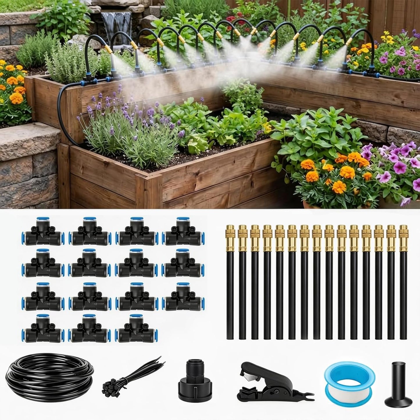 50FT Drip Irrigation Kit for Garden Beds, Greenhouse & Potted Plants – Adjustable Micro Watering System with 1/4" Distribution Tubing, Emitters, Connectors & Stakes