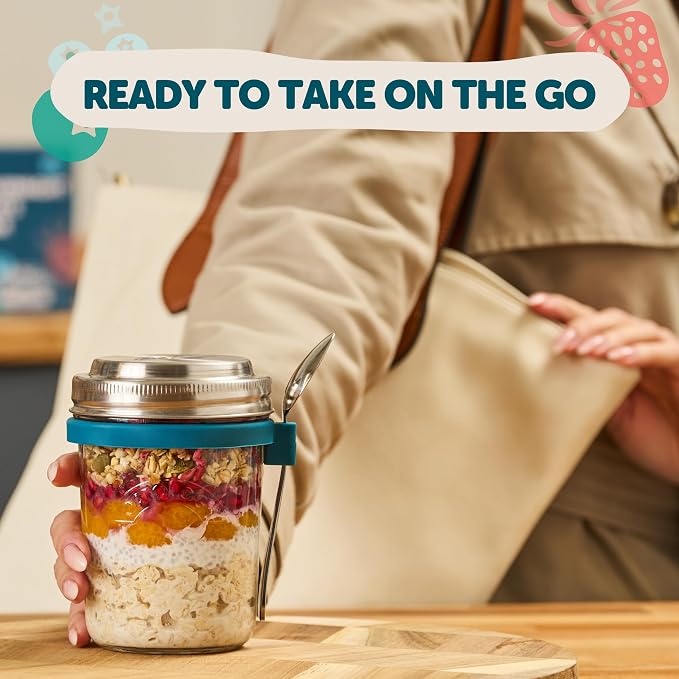 Overnight Oats Jar with Spoon & Stainless Steel Lid - 16oz Leakproof Glass Oatmeal Container for Meal Prep & Yogurt - Easy to Clean Breakfast Cup with Measurement Markings On-the-Go - 1 Pack