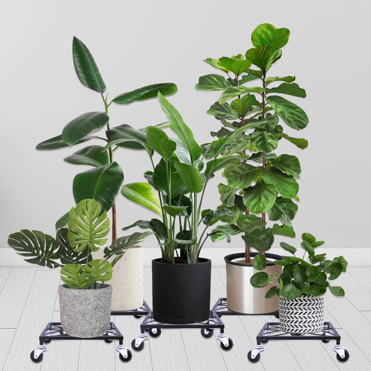 OFILLES 2pcs Black Metal Plant Stand with Wheels, Square Pattern Plant Caddy, Heavy Duty Plant Pot Stand for Indoor Outdoor