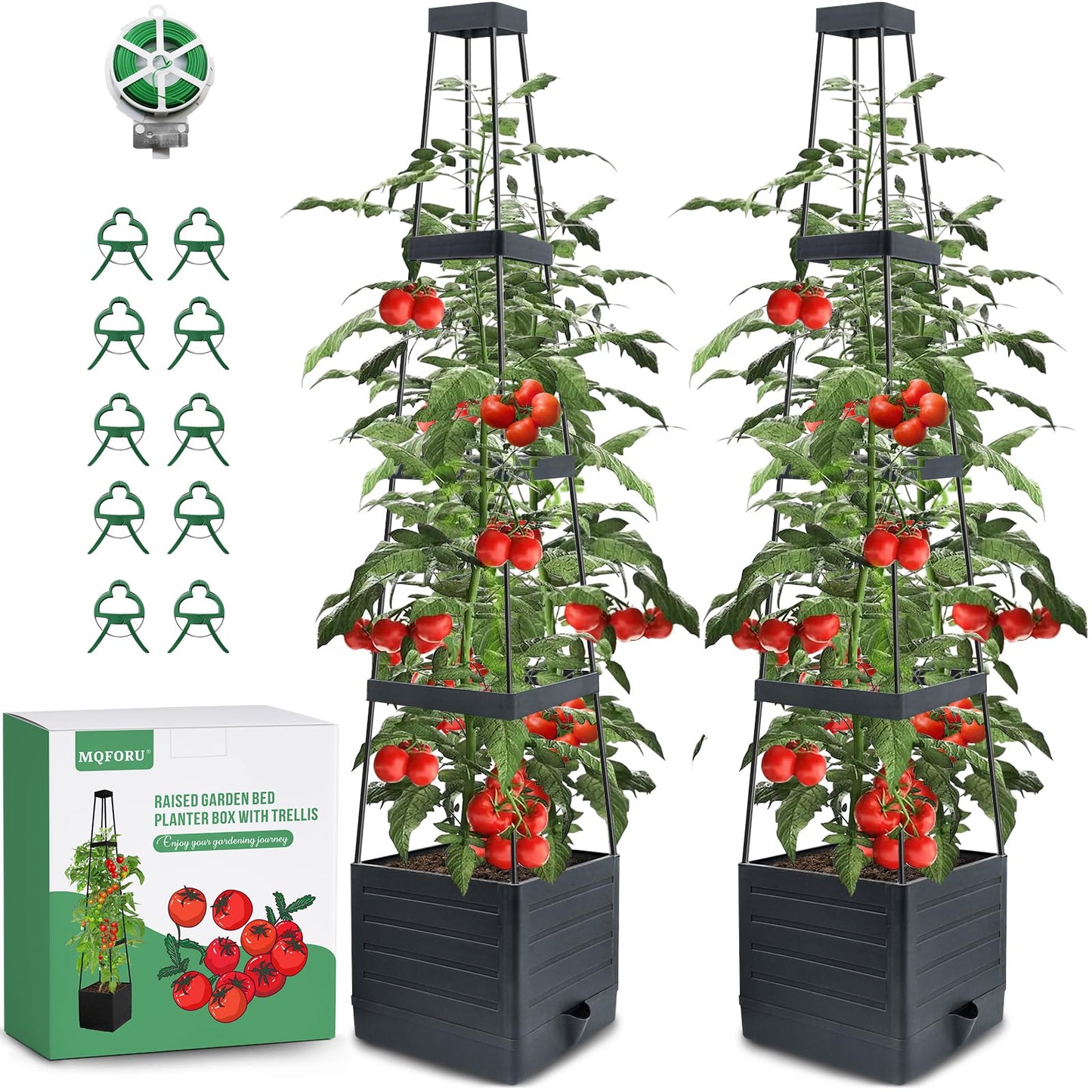 MQFORU 2 Packs Raised Garden Bed Tomato Planter with Trellis, 57" Tomato Cages for Climbing Vegetables Plant, Self Watering Planters Box for Garden Pots for Patio Greenhouse Indoor Outdoor（2PCS）