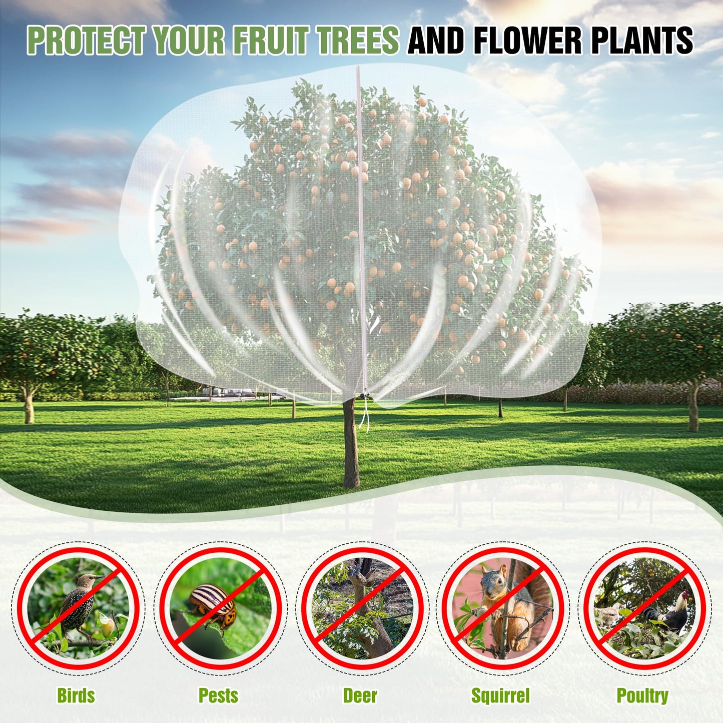 12.6 * 12FT Large Fruit Tree Netting, Tree Nets for Fruit Trees with Zipper and Drawstring, Insect Netting Barrier for Garden Blueberry Bushes Cherry Peach Apple Protection from Squirrels Birds Pests