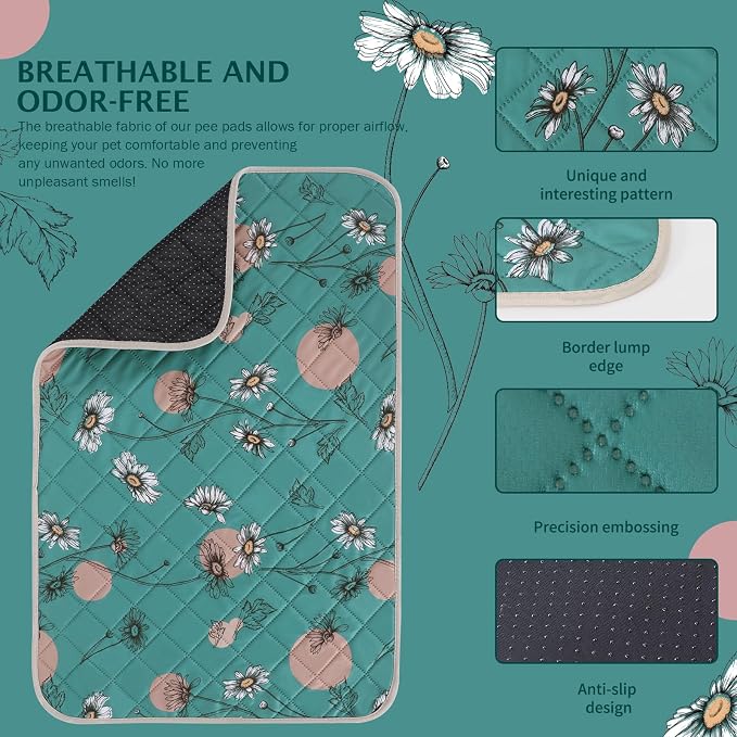 IEUUMLER Washable Pee Pads for Dogs, 2 Pack Non-Slip & Waterproof Pack Whelping Pad, Reusable Washable Puppy Potty Training Pad with Fast Absorbent for Playpen EU007 (Teal Daisy, 36"X41"-2pcs)