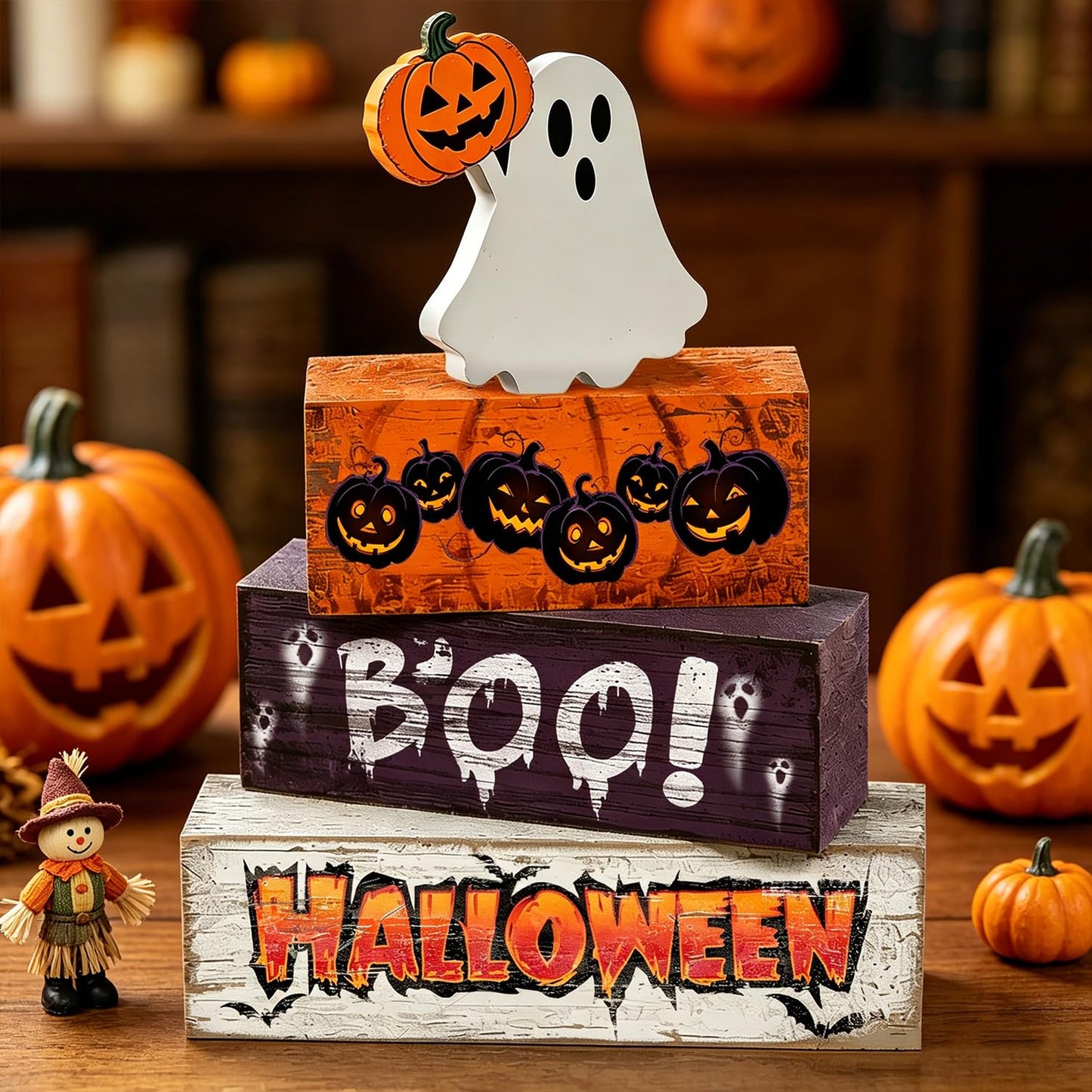 4 Pcs Halloween Decor Wooden Ghost Pumpkin Tiered Tray Decorations Rustic Farmhouse Tabletop Centerpiece Boo Wood Block Sign for Home Kitchen Shelf Mantel Office Desk