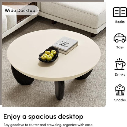 homary Round Concrete Coffee Table with Premium Walnut Ash Wood Legs, Modern Minimalist Cement Finish Center Table for Living Room (Black, 29.9" W x 29.9" D x 14.4" H)