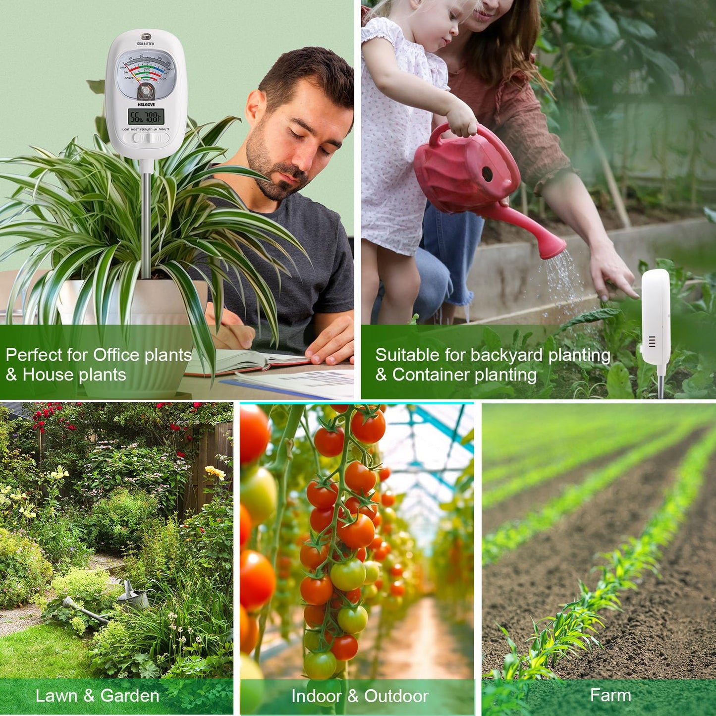 HSLGOVE Soil Test Kit, 7-in-One Soil Moisture Meter/Soil PH Meter/Fertility, Dual Screen Soil Tester w/Digital Soil Temp/Air Temp&Humidity for Plants Gardening,Lawn,Farm Indoor&Outdoor-Mint Green
