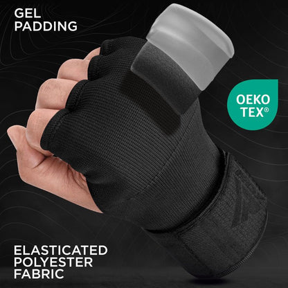 RDX Gel Boxing Hand Wraps Inner Gloves Men Women, Quick 100cm Long Wrist Straps, Elasticated Padded Fist Under Mitts Protection, Muay Thai MMA Kickboxing Martial Arts (Full Black, M)