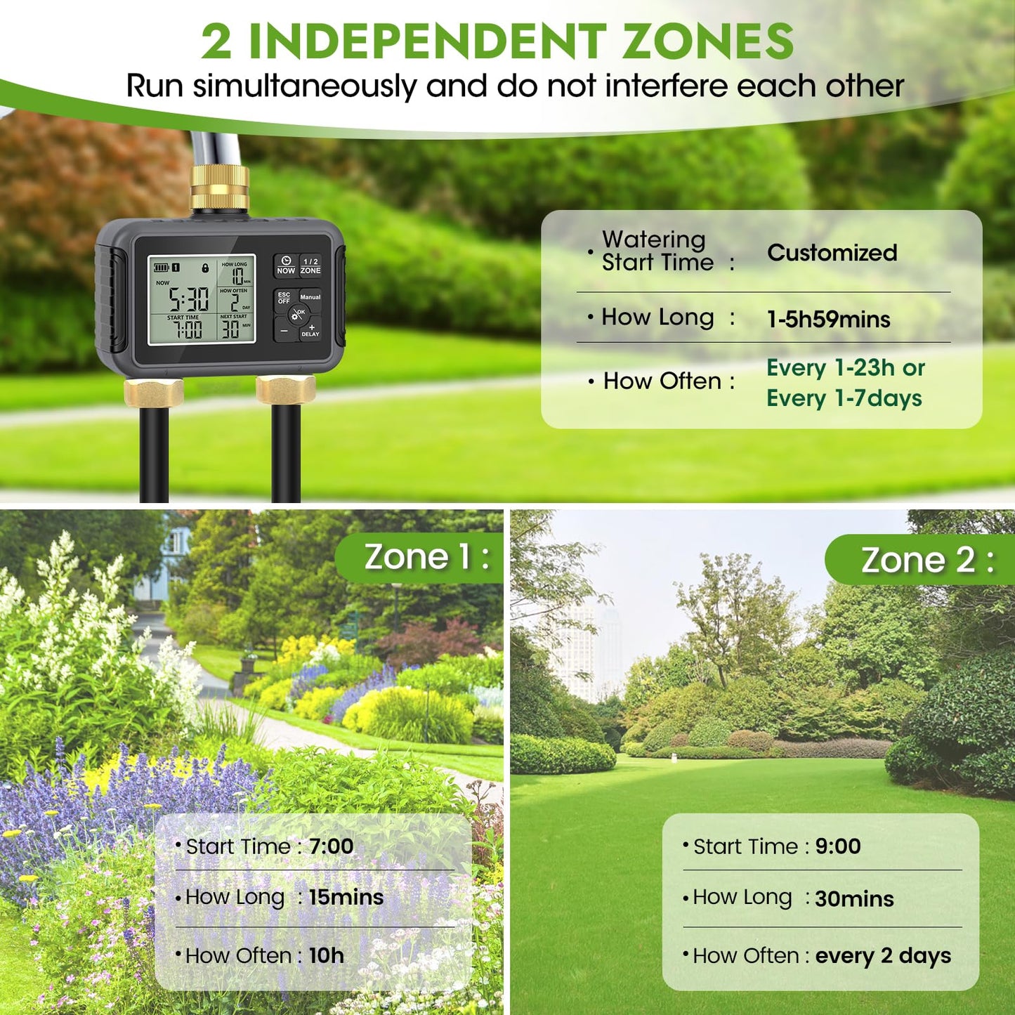 120FT Drip Irrigation System with Smart Water Timer – Automatic Garden Watering Kit with Dual Metal Tube Brass Connectors, 360° Adjustable Nozzles & Bendable Tubing for Garden, Greenhouse & Lawn