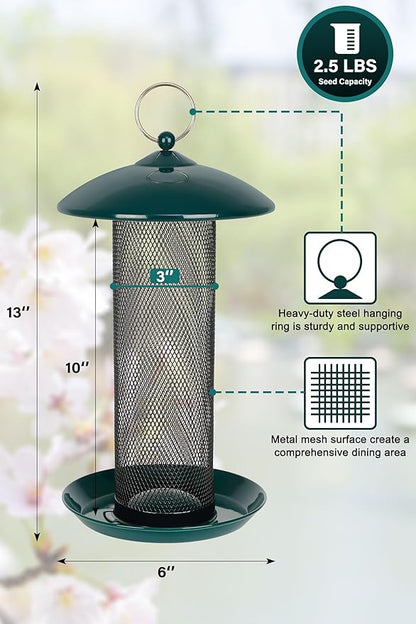 Gtongoko 2 Pack Finch Bird Feeders for Outdoors 2.5 LB Capacity Squirrel Proof Metal Mesh Tube Bird Feeders Thistle & Nyjer Seed Hanging Feeder, Green