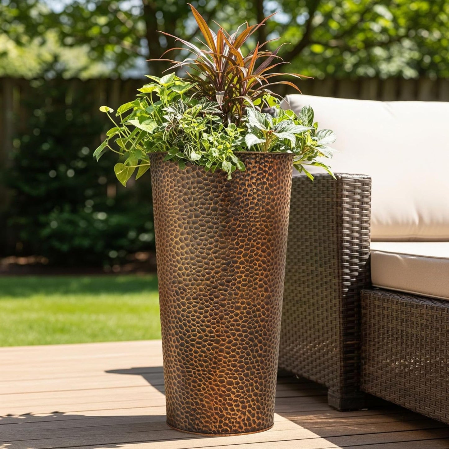 Worth 2 Pack 28" Tall Narrow Metal Planter with Inside Pot for Indoors or Outdoors, Deck, Patio or Front Porch, Hand-Hammered Texture, Bronze