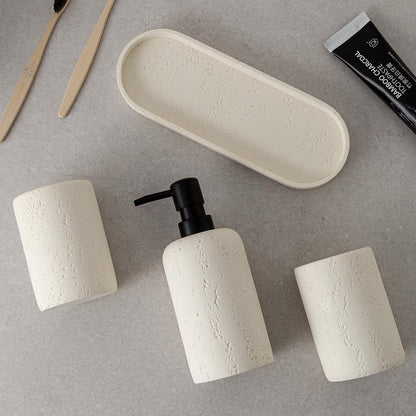 WUUAHOME Bathroom Accessories Set, 4 Piece Travertine Stone Look Collection, Modern Bath Organizer with Soap Dispenser, Toothbrush Holder, Tumbler, Vanity Tray for Countertop Kitchen Sink (Off White)