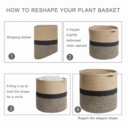 TIMEYARD Sturdy Jute Rope Plant Basket Modern Woven Baskets for 10" Flower Pot Floor Indoor Planters, 11” x 11” Storage Organizer Basket Rustic Home Decor, Black and Beige Stripes