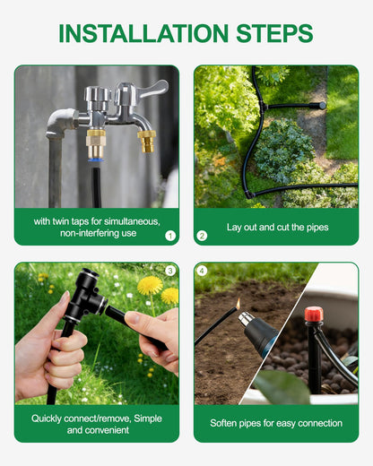 IRRIGARDENER Drip Irrigation System for Garden, Automatic Garden Watering System with 115FT 1/2” & 1/3” Tubing, Dual Faucet, Adjustable Nozzle Emitters for Garden, Greenhouse, Lawn, Potted Plants