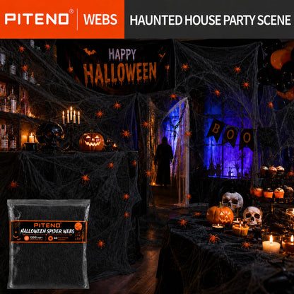 Piteno® 1200 sqft Spider Webs Halloween Decorations with 40 Fake Spiders, Stretchable Halloween Spider Webs for Indoor Outdoor Haunted House Yard Porch Party Decor (Black)