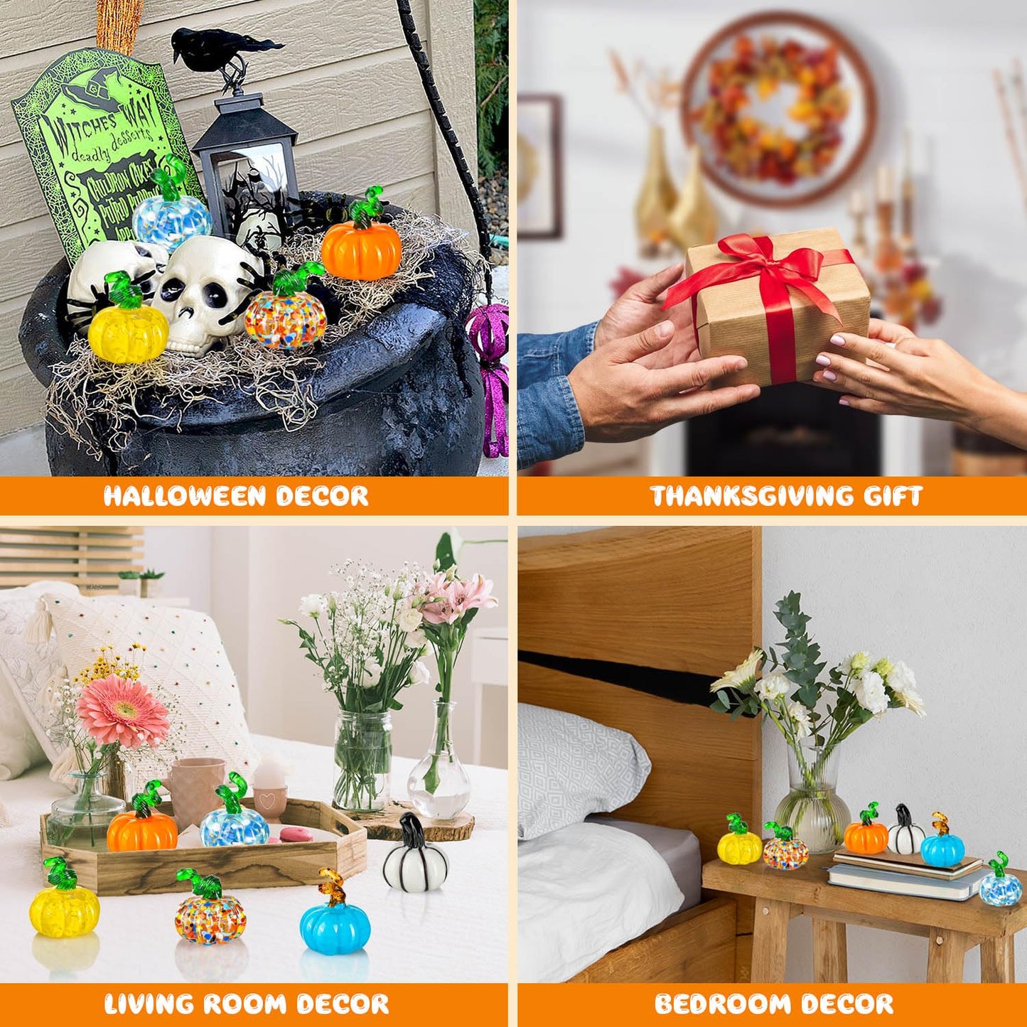 ALDMIO 6 Pcs Halloween Hand Blown Glass Pumpkin Decorations, Mini Pumpkins Halloween Pumpkin Figurines, Glass Fruit Decor for Thanksgiving Ornament, Fall Harvest and Collectible Figurine Present