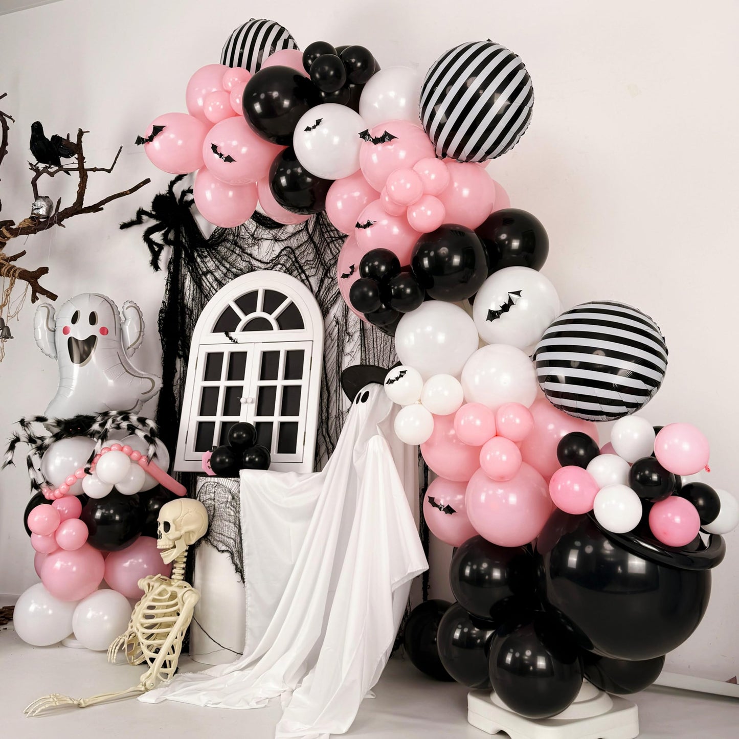 Pink Black White Halloween Balloon Garland Kit,118pcs Pastel Halloween Ghost Striped Foil Balloon Arch with 3D Bats for Girl Kawaii Spooky One Birthday Backdrop Baby Shower Birthday Party Decorations
