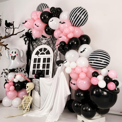 Pink Black White Halloween Balloon Garland Kit,118pcs Pastel Halloween Ghost Striped Foil Balloon Arch with 3D Bats for Girl Kawaii Spooky One Birthday Backdrop Baby Shower Birthday Party Decorations