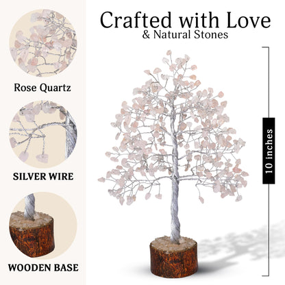FASHIONZAADI Rose Quartz Crystal Tree, Silver Wire Feng Shui Gemstone Decor, Chakra Healing Stones Crystal Decor, Artificial Bonsai Money Tree, Good Luck Spiritual Gifts for Women & Men