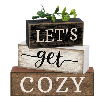 Moucuny 4 Pcs Farmhouse Table Decor Inspirational Wooden Signs Rustic Eucalyptus Leaves Wooden Block Sign Gift Let's Get Cozy Farmhouse Table Centerpiece for Living Room Housewarming Gift
