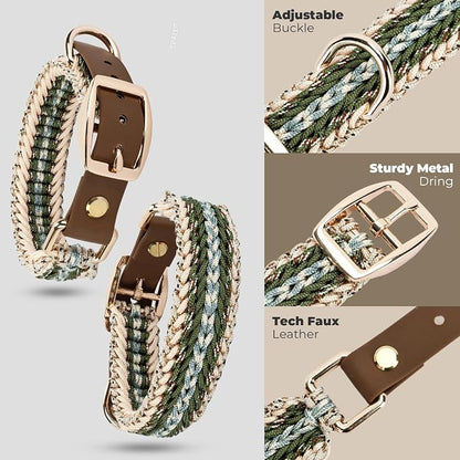 Tirevt Hand-Woven Dog Collar and Leash Set:Color-Block Design, Premium Reinforced Buckle, Adjustable Artisan Paracord for Puppies, Small, Medium & Large Dogs (Green, S)