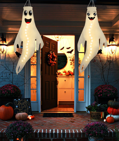 Geefuun 2PCS Warm Halloween CuteGhost Windsocks Hanging Decorations - 43 Inch Flag Wind Socks for Home Yard Outdoor Decor Party Supplies (Batteries Not Included,No Timer)