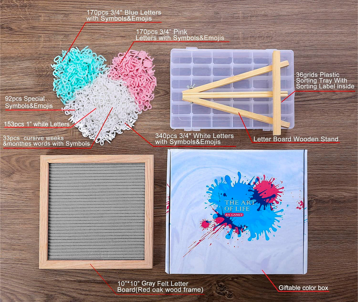 G GAMIT Felt Letter Board Message Board 10x10inch with Stand,Pre-cut&Sorted 805pcs White,Blue&Pink Changeable Letters+Weeks &Months Cursive Words,Word board Sign board with Sorting Tray&Gift Box(Gray)