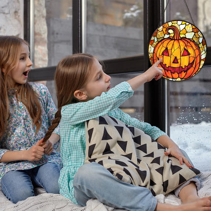 RVEAFA Pumpkin Stained Glass Window Hanging Horror Sun Catcher Decor Halloween Suncatchers for Garden Home Windows Hanging Decoration, 7.87inch