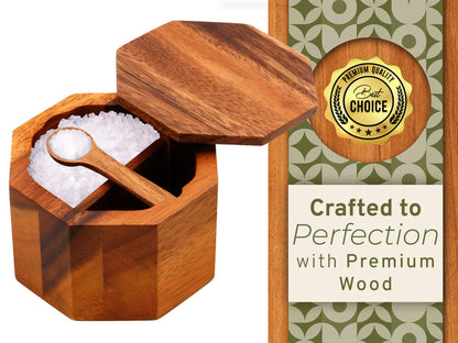 ARANYA Wooden Pepper and Salt Cellar with Lid and Spoon Set Keeper Two Compartments Spice Seasoning Wood 7oz. Container for Countertop Kitchen Storage Sea Salt Box Holder with Anti-Slip Feet Slip