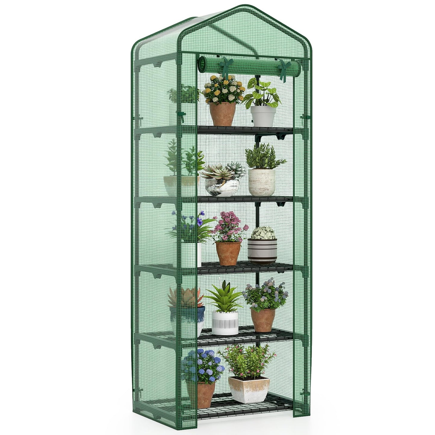 Giantex Mini Greenhouse Indoor Outdoor, 27" x 19" x 75" Portable Plant Grow House with 5 Tier Shelves, PE Cover, Roll-Up Zipper Door, Rustproof Elector-Coating Metal Frame for Patio Balcony Garden