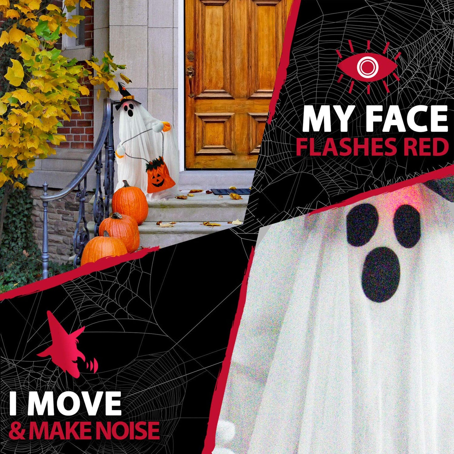 Haunted Hill Farm Friendly Ghost Halloween Animatronic with Touch Activated Lights and Music, Battery Operated Indoor or Covered Outdoor Halloween Decorations, Cute and Modern Halloween Props for Home