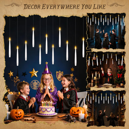 12 Pcs Floating Candles with Magic Wand Remote, Battery (included) Operated Hanging LED Candles Lasting for 200 H, Flameless Flickering Warm Light Taper Candle Set for Xmas Festival Theme Party Decor