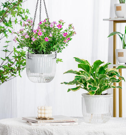 Melphoe 2 Pack Self Watering Hanging Planters Indoor Flower Pots, 6.5 Inch Outdoor Hanging Plant Pot Basket, Plant Hanger with 3Hooks Drainage Holes for Garden Home