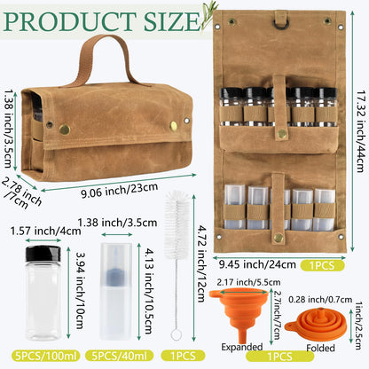 Portable Camping Spice Jars Organizer Kit for Travel, Canvas Seasoning Storage Bag Organizer with 5 Spice Bottles for Salt/Pepper, 5 Oil Spray, Condiment Container Set for BBQ, Hiking, Picnics