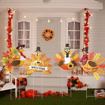 Sosation 4 Pack Thanksgiving Outdoor Decorations, Metal Turkey Yard Stakes with Pumpkin and Welcome Signs, Fall Harvest Thanksgiving Yard Decorations for Lawn, Garden, Porch, Pathway, Patio